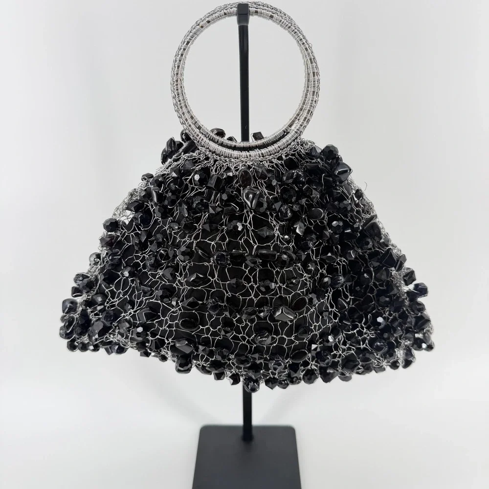 La Chica Chic Black Beaded Wire Evening‎ Bag Silver Ring Handle Made in Brazil